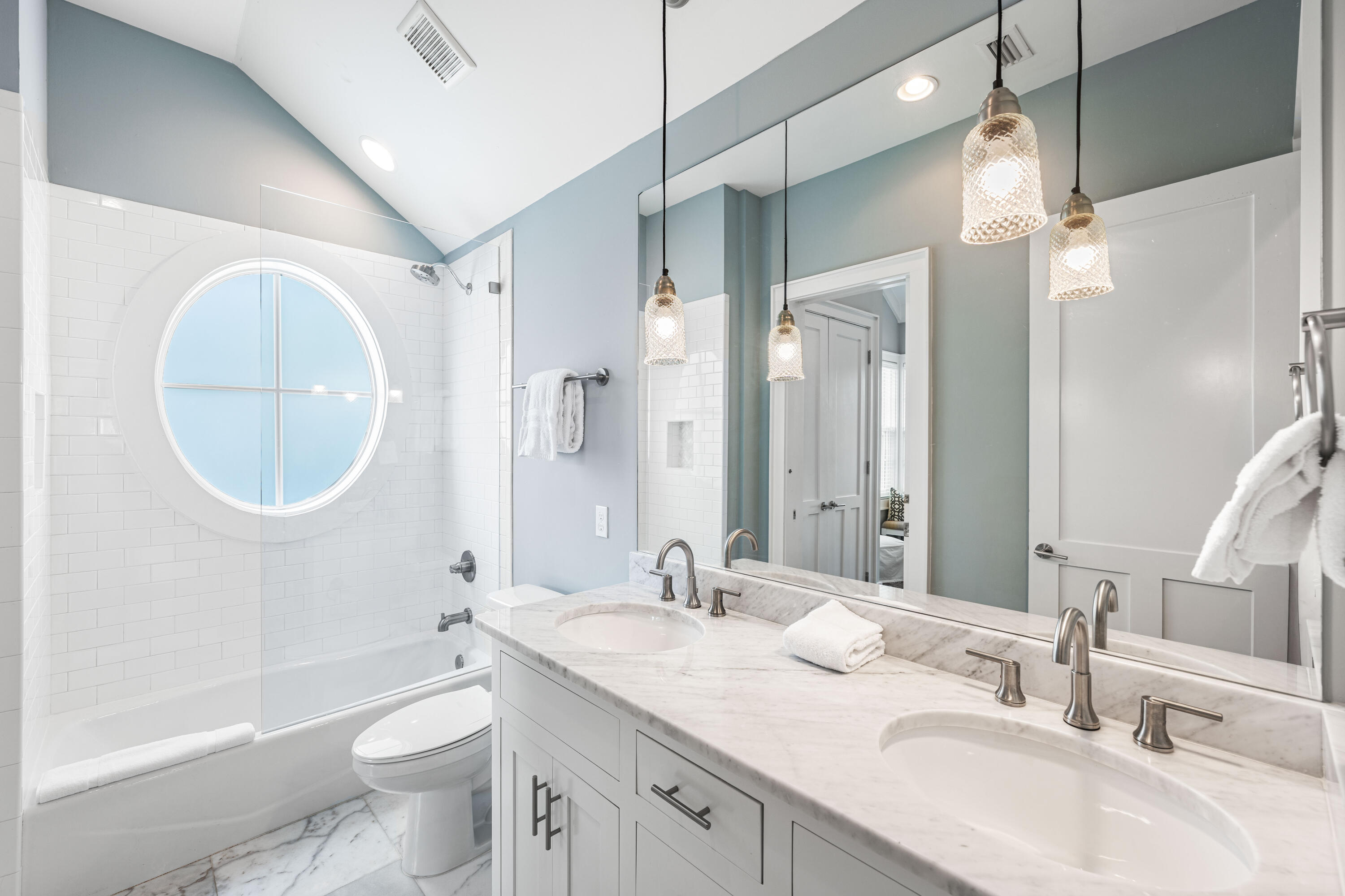 34 North Watch Tower Lane Inlet Beach, FL 32461 - Photo 47 of 90 a bathroom with a granite countertop sink a toilet a mirror and shower