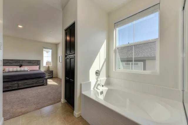 a en suite bathroom with a tub shower and bedroom view