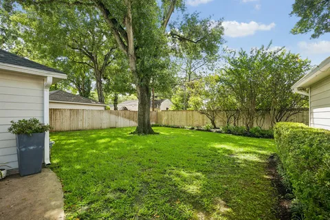 a view of a backyard with large trees