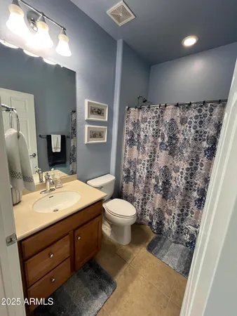 a bathroom with a sink a toilet and shower curtain