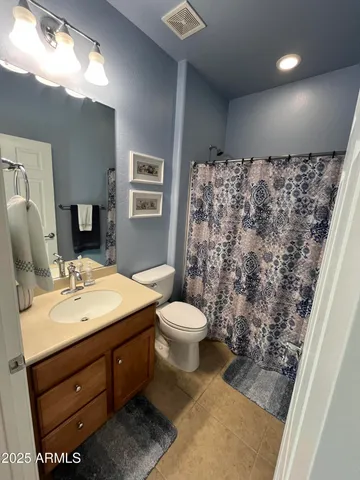 a bathroom with a sink a toilet and shower curtain