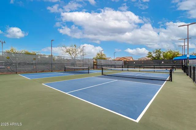 an aerial view of a building with outdoor space