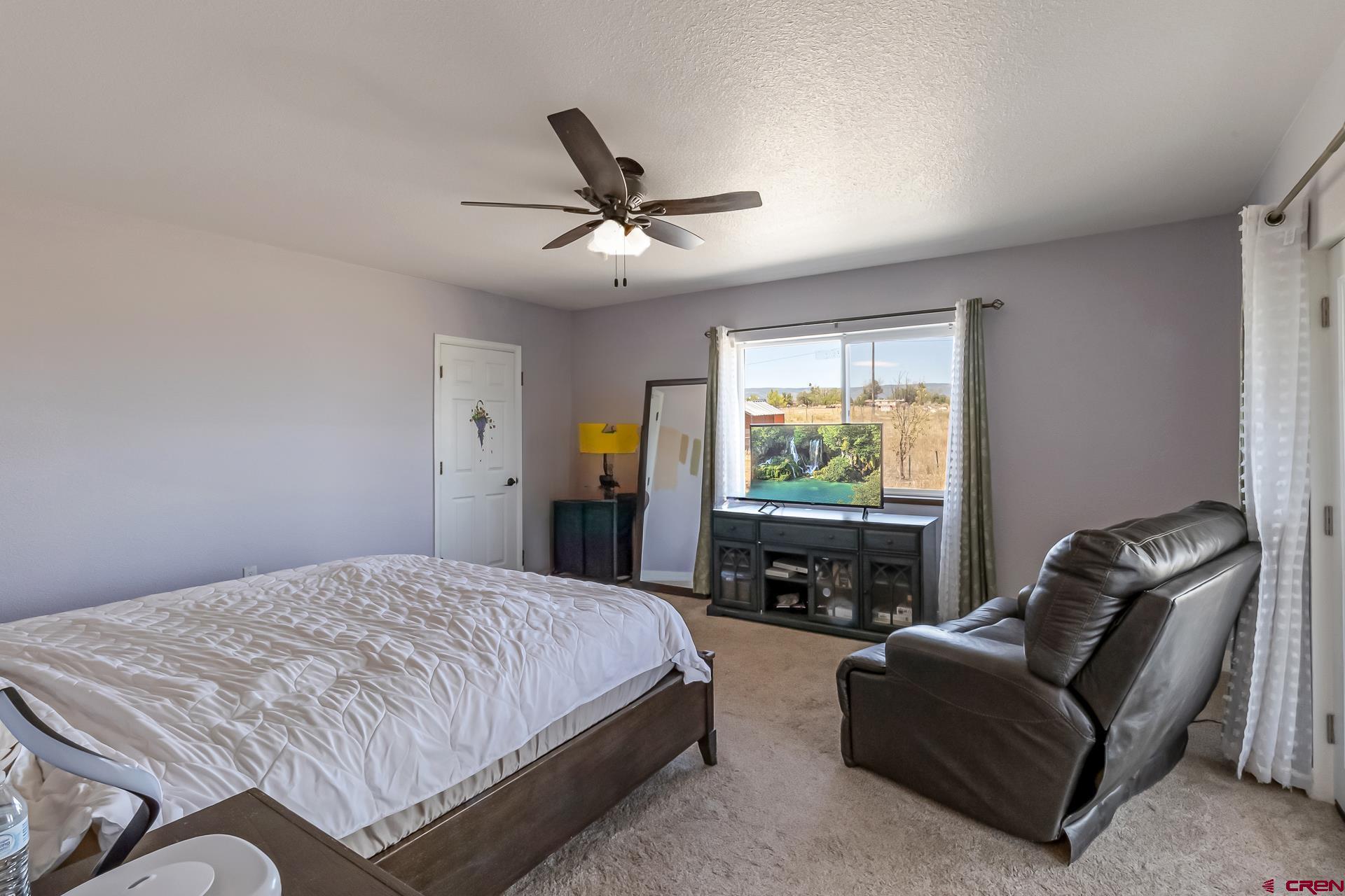15969 Stardust Lane Cedaredge, CO 81413 - Photo 29 of 44 a spacious bedroom with a bed a couch and a chandelier