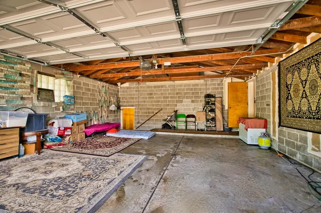 a view of a garage with storage
