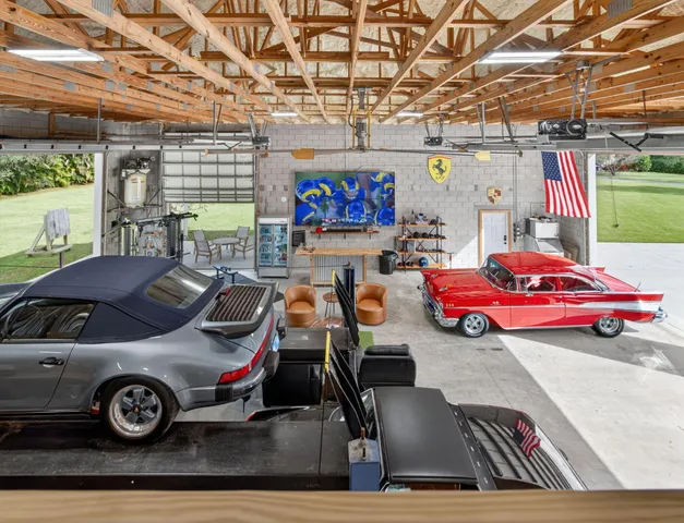 a view of a car is parked in a garage