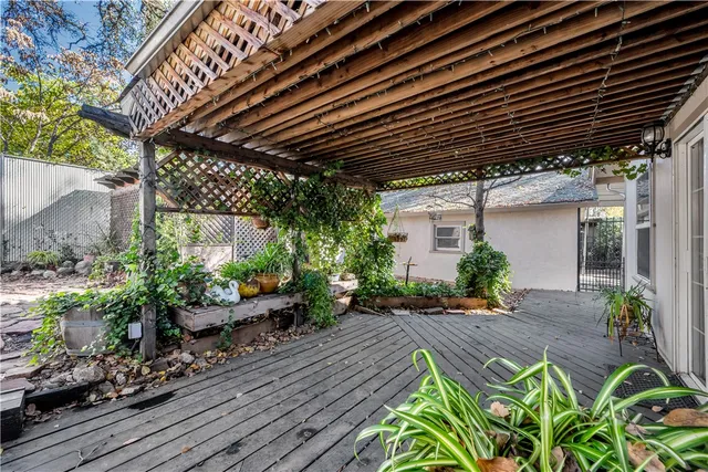 a garden view with a seating space