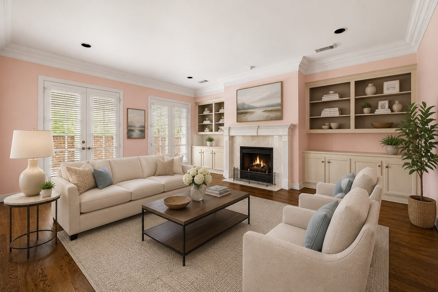6022 Burgoyne Road Houston, TX 77057 - Photo 3 of 30 Spacious living area featuring hardwood floors, crown molding, custom built-ins, a fireplace, and abundant natural light from multiple French doors. *VIRTUALLY STAGED*