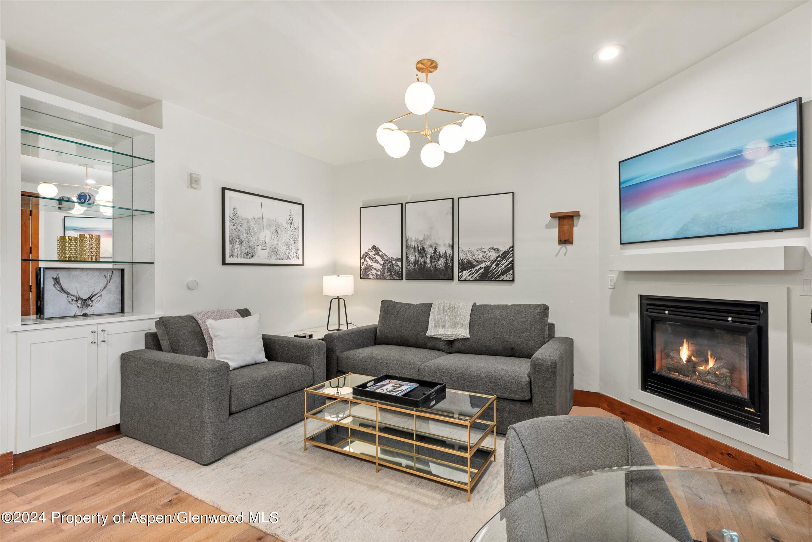 501 West Main Street, Unit 104A Aspen, CO 81611 - Photo 1 of 1 a living room with furniture a fireplace and a flat screen tv