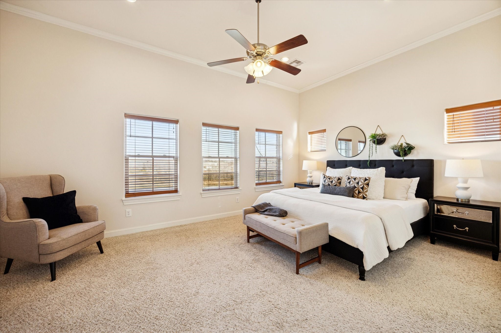 9682 Knight Road Houston, TX 77045 - Photo 8 of 19 PRIMARY BEDROOM - Spacious primary retreat with plush carpet and window treatments for privacy.