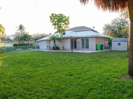 a view of a house with a yard and a large tree