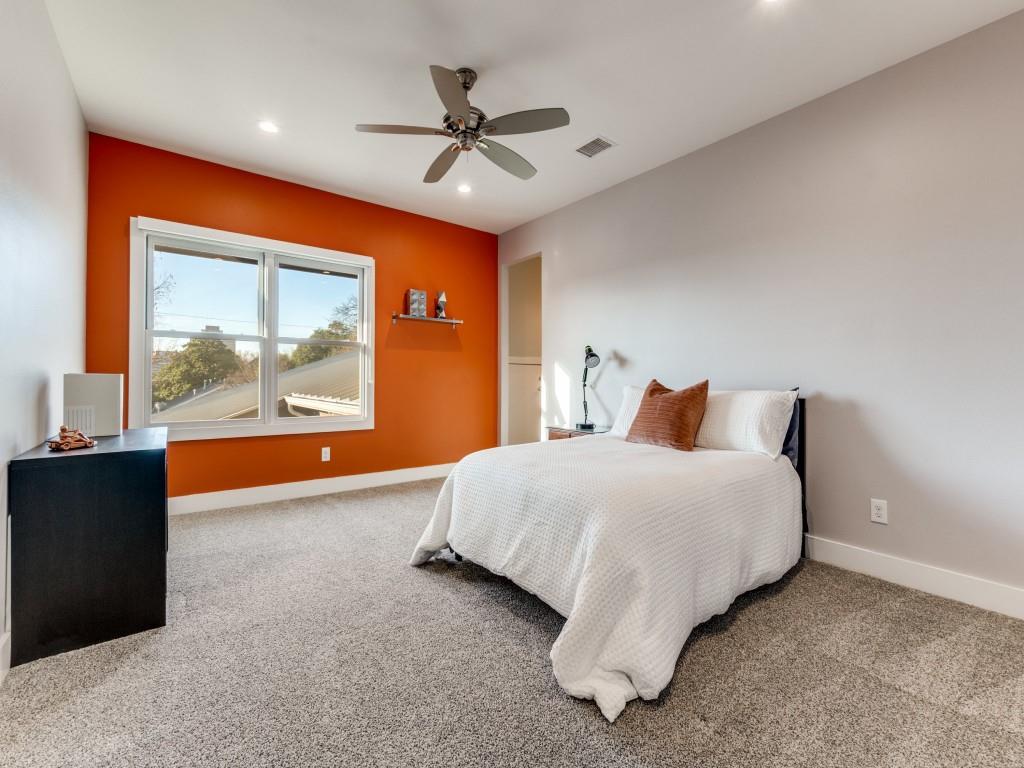 7912 Hanover Street Dallas, TX 75225 - Photo 14 of 25 Bedroom featuring light carpet, a ceiling fan, and recessed lighting