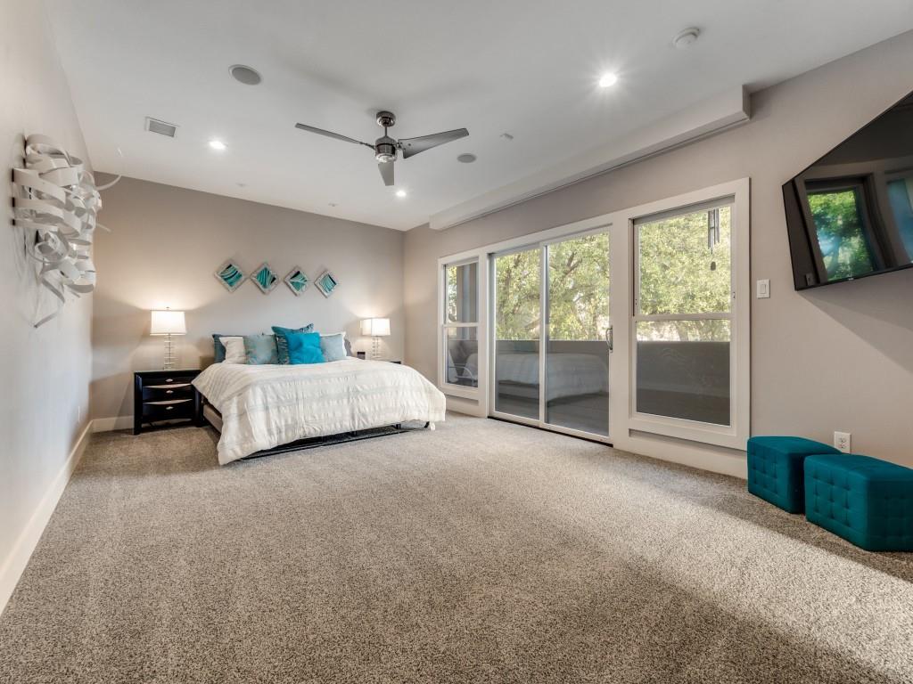7912 Hanover Street Dallas, TX 75225 - Photo 21 of 25 Bedroom with access to exterior, light colored carpet, ceiling fan, and recessed lighting