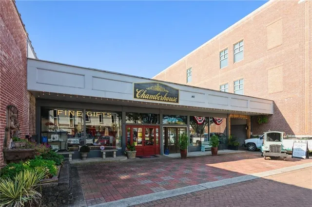 front view of building with a street