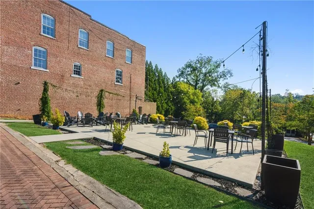 a view of a building with a bench