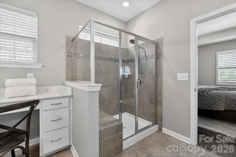 a bathroom with a shower sink and mirror