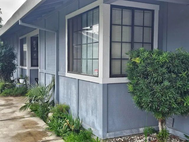 front view of a house with a potted plant and a large window
