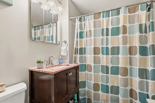 a bathroom with a sink a toilet a mirror and shower curtain