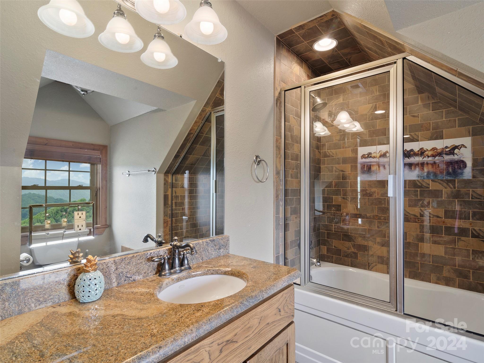 317 Camp Branch Road Clyde, NC 28721 - Photo 44 of 47 a bathroom with a granite countertop sink mirror and shower