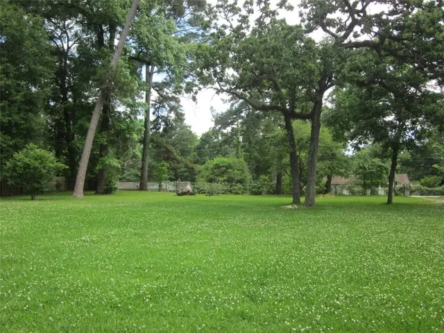 a view of a grassy field with trees in the background