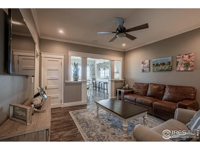 a living room with furniture and a ceiling fan