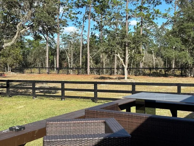 a view of backyard with seating area and trees