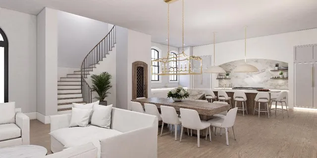 a living room with furniture a chandelier and a chandelier