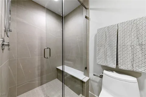 a bathroom with a shower and a toilet