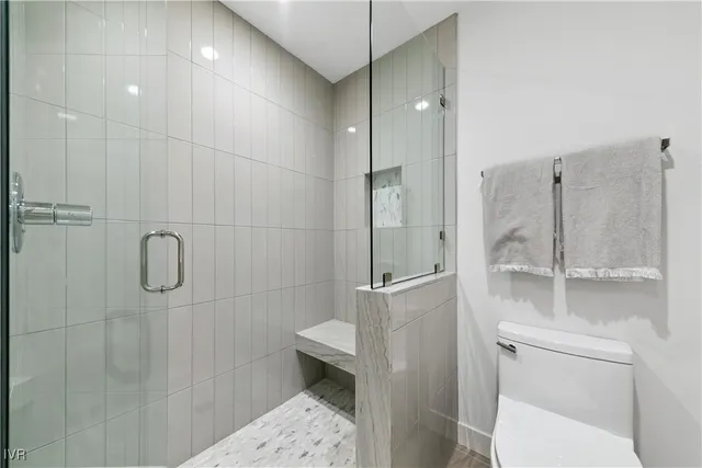 a bathroom with a shower and toilet