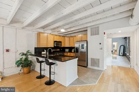 a view of a kitchen with furniture and a potted plant