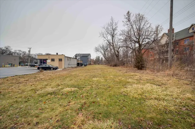 a view of a yard with large trees