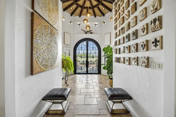 a view of a dining room with furniture