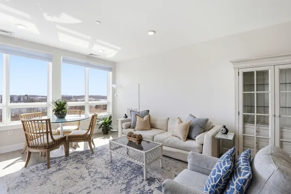 a living room with furniture and a potted plant
