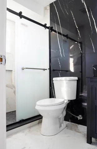 a bathroom with a toilet and a shower