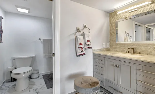 a bathroom with a granite countertop sink toilet and a mirror