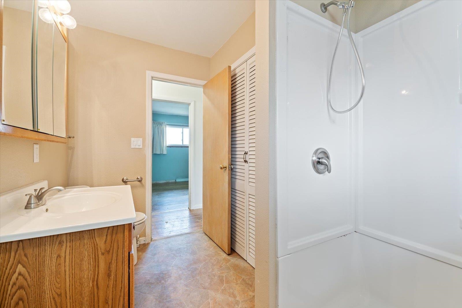 202 Suffolk Drive Hoyt Lakes, MN 55750 - Photo 20 of 33 Bathroom with vanity, a shower stall, and a closet