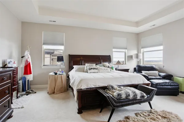 a bedroom with a bed and a furniture