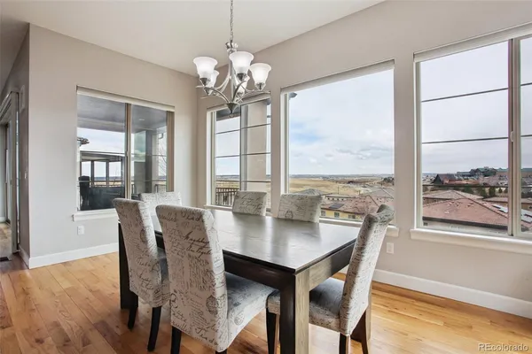 a view of a dining room with furniture window and wooden floor