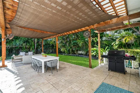 a view of a pool with a backyard