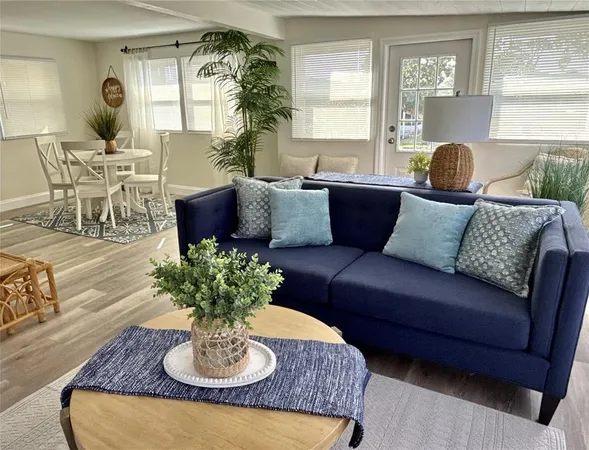 a living room with furniture and a potted plant