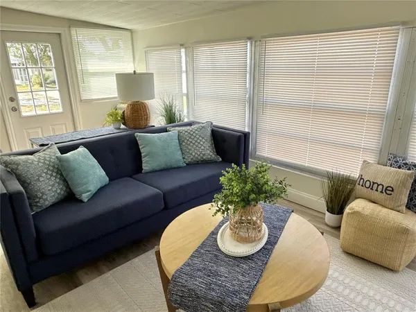 a living room with furniture and a potted plant