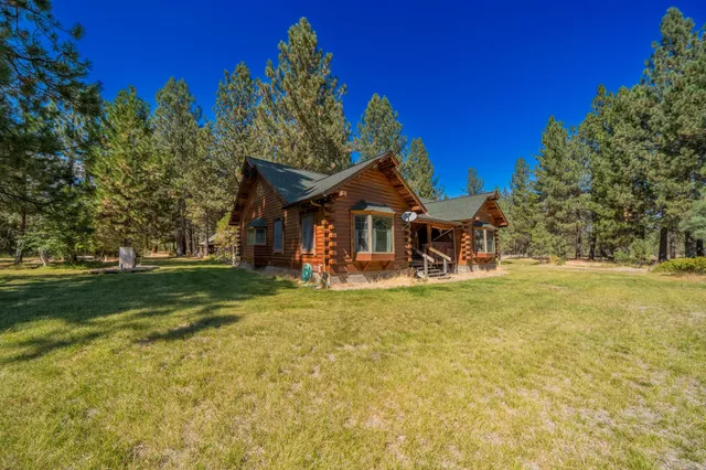 a view of a house with a big yard potted plants and large tree