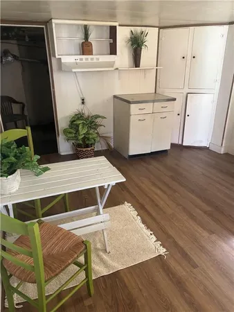a living room with wooden floor and potted plant