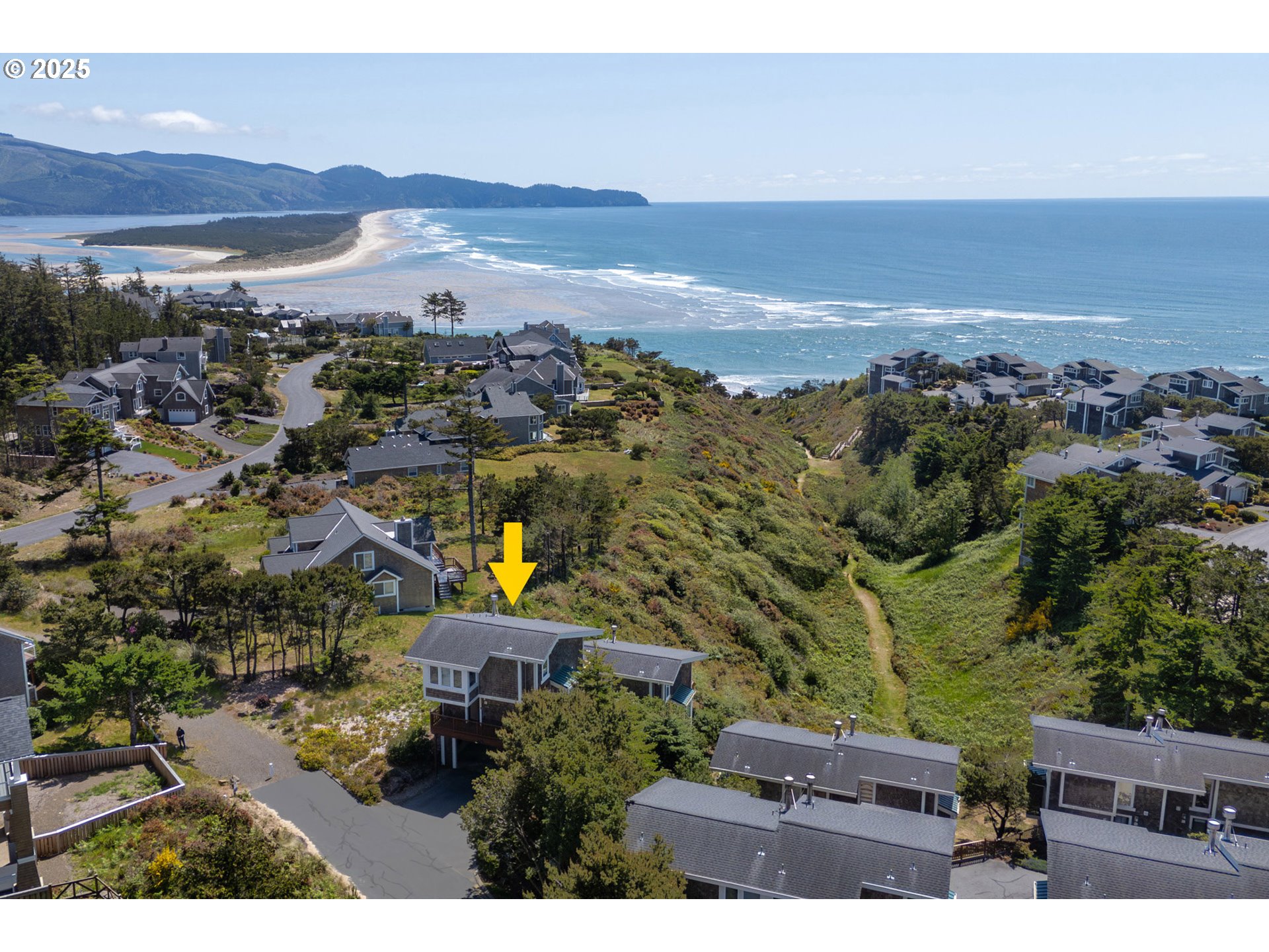an aerial view of residential houses with outdoor space and ocean view