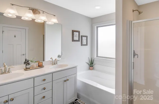 a bathroom with a tub a sink double vanity and shower