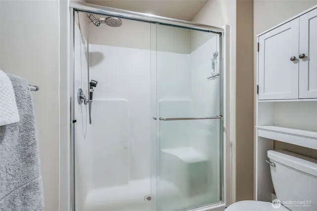 a bathroom with a shower and toilet