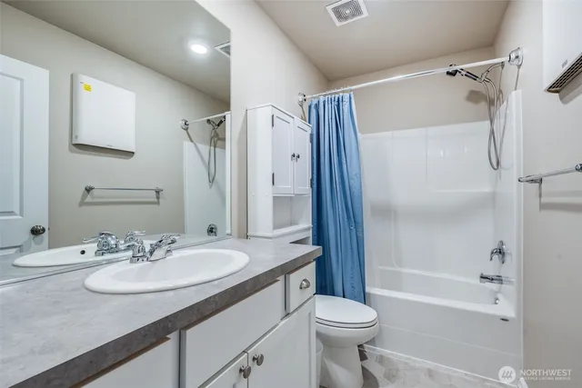 a bathroom with a sink toilet vanity and shower