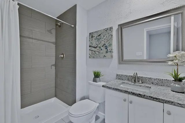 a bathroom with a granite countertop sink a toilet and shower