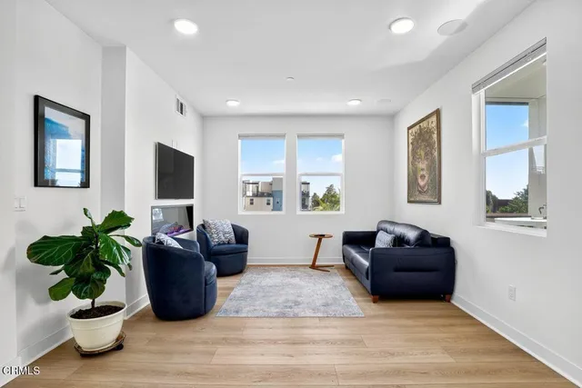 a living room with furniture potted plant and window