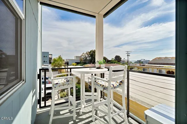 a view of a balcony with chairs