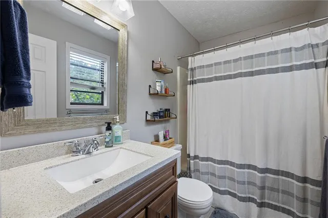 a bathroom with a sink toilet and shower